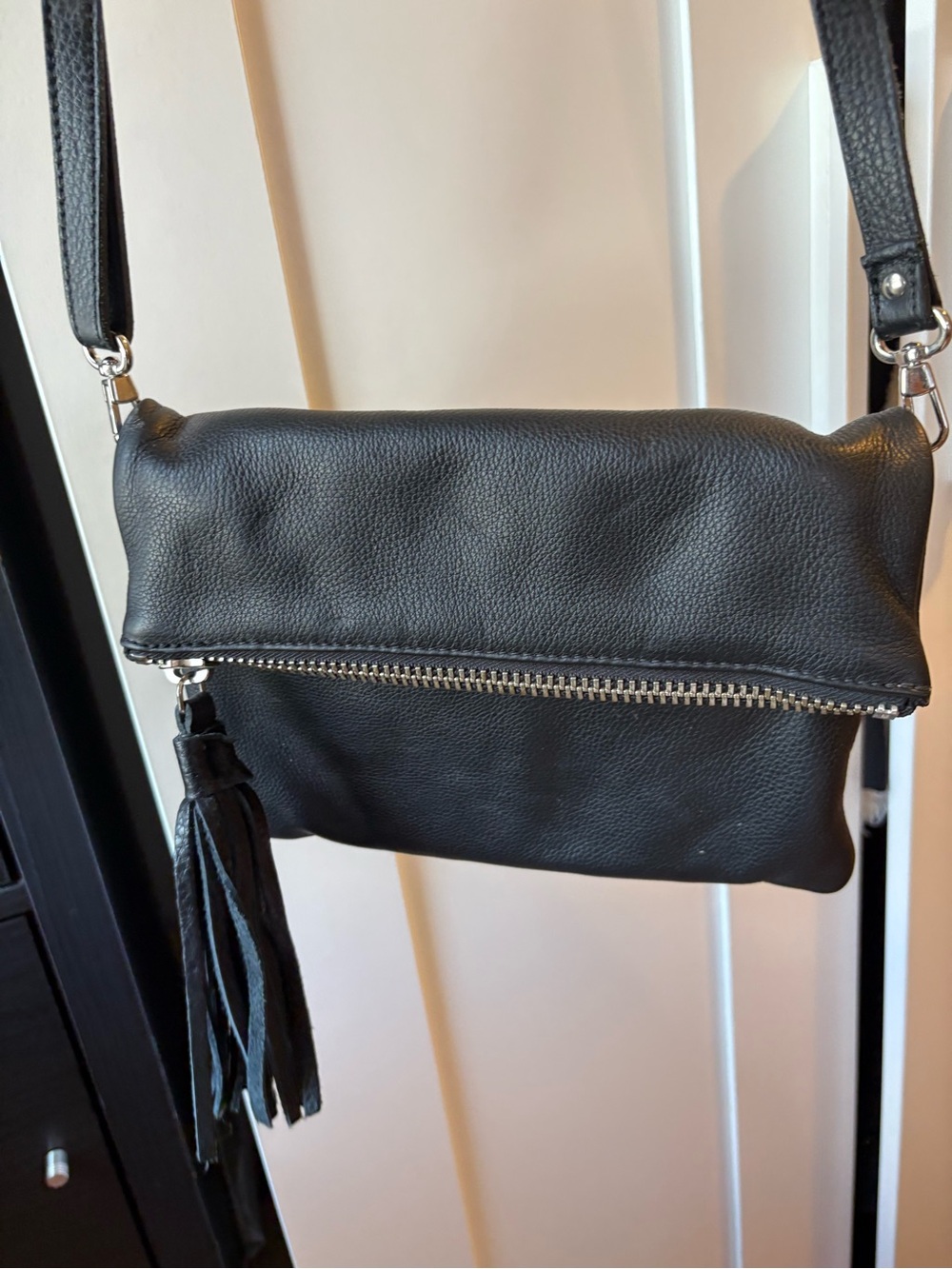 Roots Black Leather Tassel Crossbody Bag